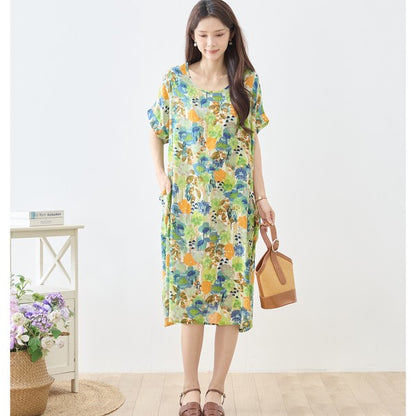 水彩 ボタニカル柄 綿100% フレンチスリーブ ワンピース ゆったり 体型カバー M-L