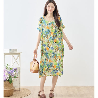 水彩 ボタニカル柄 綿100% フレンチスリーブ ワンピース ゆったり 体型カバー M-L