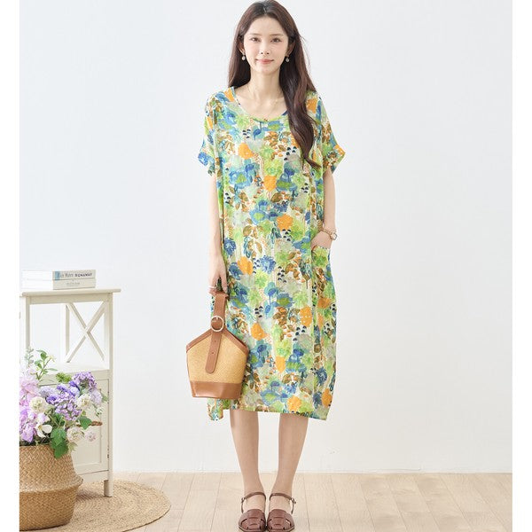 水彩 ボタニカル柄 綿100% フレンチスリーブ ワンピース ゆったり 体型カバー M-L