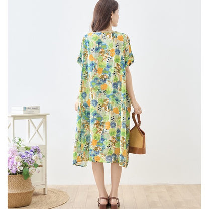 水彩 ボタニカル柄 綿100% フレンチスリーブ ワンピース ゆったり 体型カバー M-L