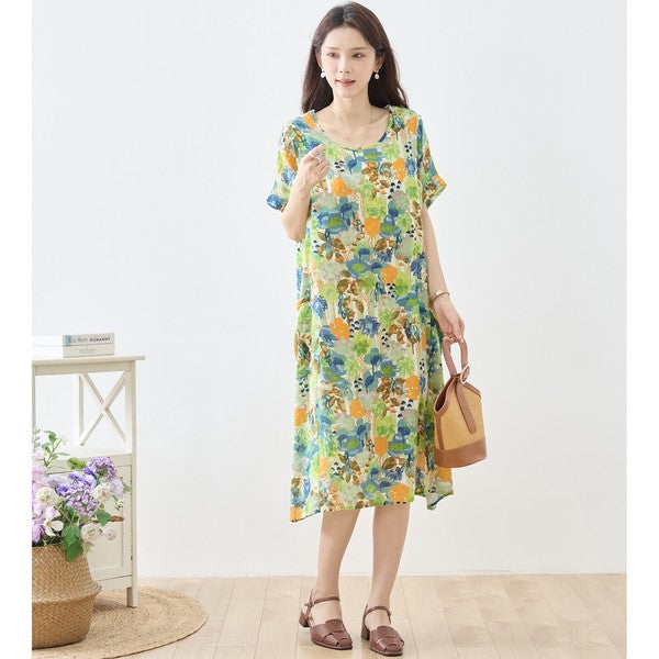 水彩 ボタニカル柄 綿100% フレンチスリーブ ワンピース ゆったり 体型カバー M-L
