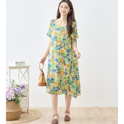 水彩 ボタニカル柄 綿100% フレンチスリーブ ワンピース ゆったり 体型カバー M-L