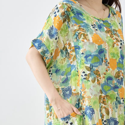 水彩 ボタニカル柄 綿100% フレンチスリーブ ワンピース ゆったり 体型カバー M-L