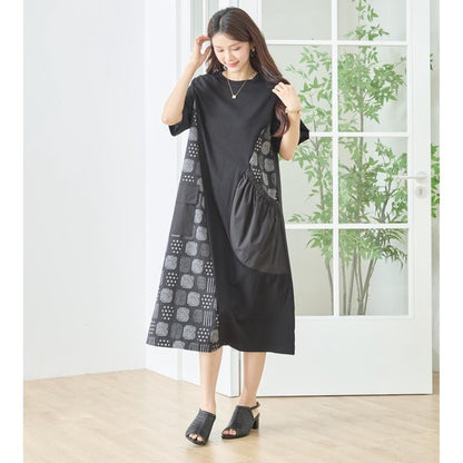 幾何学柄 切替 ギャザーポケット ワンピース 半袖 綿混 ゆったり 体型カバー M-L