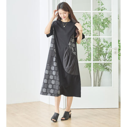 幾何学柄 切替 ギャザーポケット ワンピース 半袖 綿混 ゆったり 体型カバー M-L