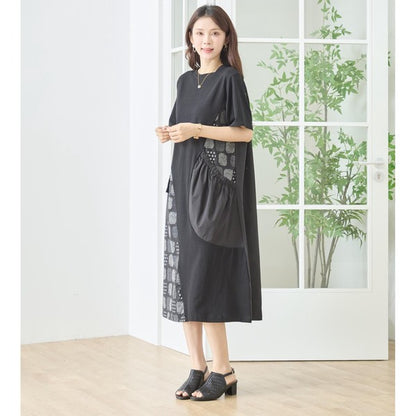 幾何学柄 切替 ギャザーポケット ワンピース 半袖 綿混 ゆったり 体型カバー M-L