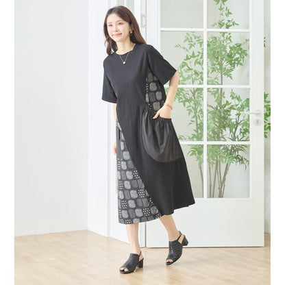 幾何学柄 切替 ギャザーポケット ワンピース 半袖 綿混 ゆったり 体型カバー M-L