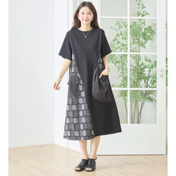 幾何学柄 切替 ギャザーポケット ワンピース 半袖 綿混 ゆったり 体型カバー M-L