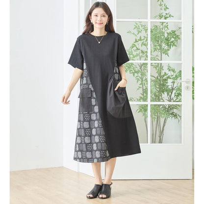 幾何学柄 切替 ギャザーポケット ワンピース 半袖 綿混 ゆったり 体型カバー M-L