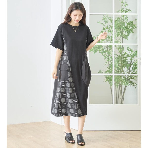 幾何学柄 切替 ギャザーポケット ワンピース 半袖 綿混 ゆったり 体型カバー M-L