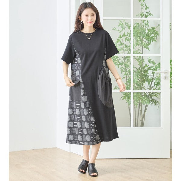 幾何学柄 切替 ギャザーポケット ワンピース 半袖 綿混 ゆったり 体型カバー M-L