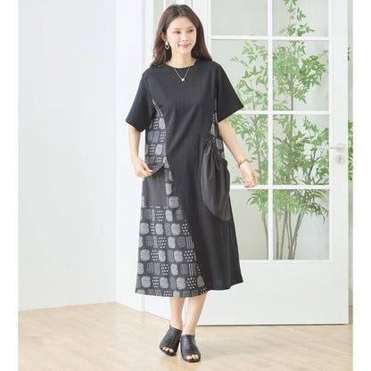 幾何学柄 切替 ギャザーポケット ワンピース 半袖 綿混 ゆったり 体型カバー M-L