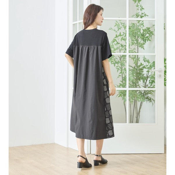 幾何学柄 切替 ギャザーポケット ワンピース 半袖 綿混 ゆったり 体型カバー M-L