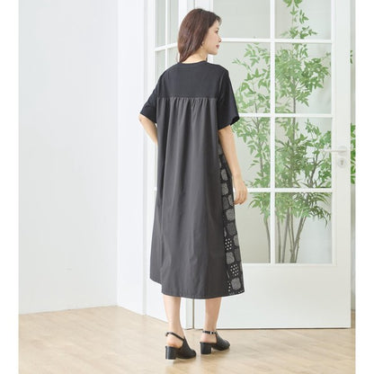 幾何学柄 切替 ギャザーポケット ワンピース 半袖 綿混 ゆったり 体型カバー M-L