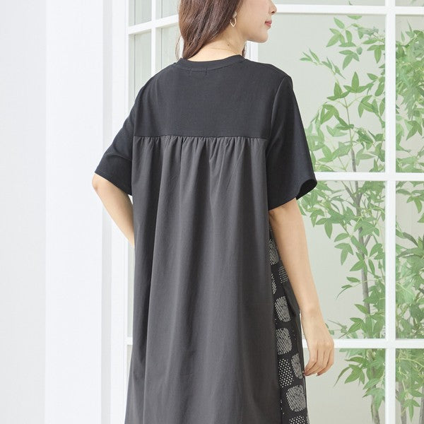 幾何学柄 切替 ギャザーポケット ワンピース 半袖 綿混 ゆったり 体型カバー M-L