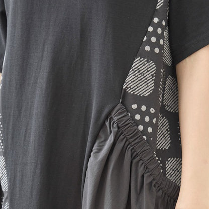 幾何学柄 切替 ギャザーポケット ワンピース 半袖 綿混 ゆったり 体型カバー M-L