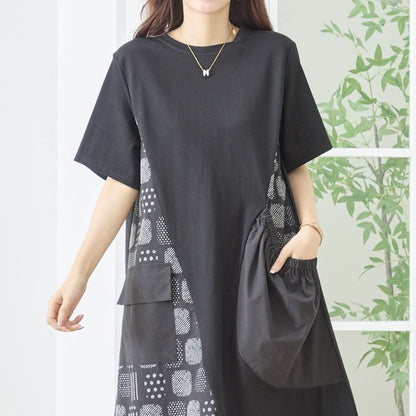 幾何学柄 切替 ギャザーポケット ワンピース 半袖 綿混 ゆったり 体型カバー M-L