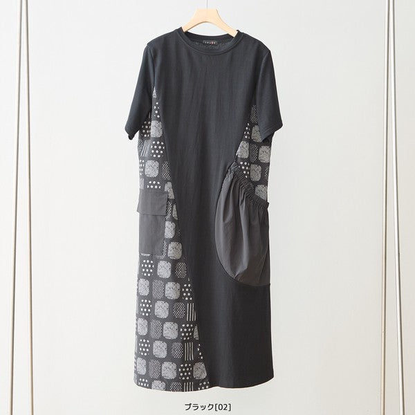 幾何学柄 切替 ギャザーポケット ワンピース 半袖 綿混 ゆったり 体型カバー M-L