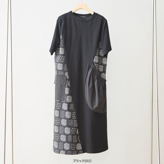 幾何学柄 切替 ギャザーポケット ワンピース 半袖 綿混 ゆったり 体型カバー M-L