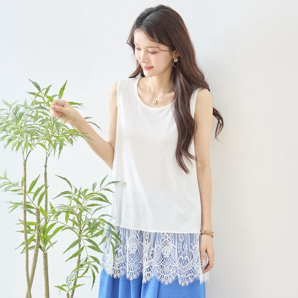 裾レース ノースリーブ タンクトップス ゆったり レイヤード 体型カバー M-L