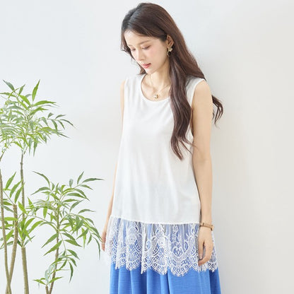 裾レース ノースリーブ タンクトップス ゆったり レイヤード 体型カバー M-L