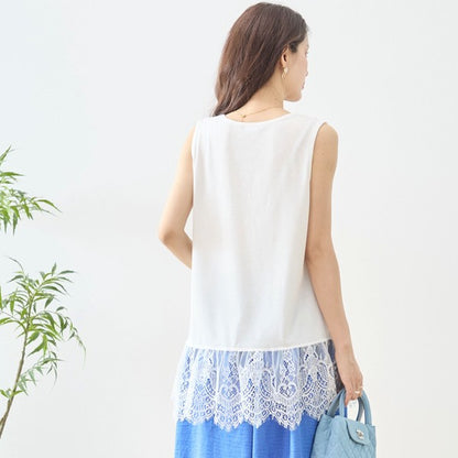 裾レース ノースリーブ タンクトップス ゆったり レイヤード 体型カバー M-L