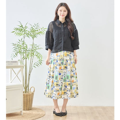 メッシュ レース 切替 シアー シャツ ブラウス 七分袖 異素材 ショート丈 M-L