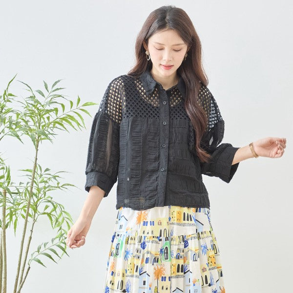 メッシュ レース 切替 シアー シャツ ブラウス 七分袖 異素材 ショート丈 M-L