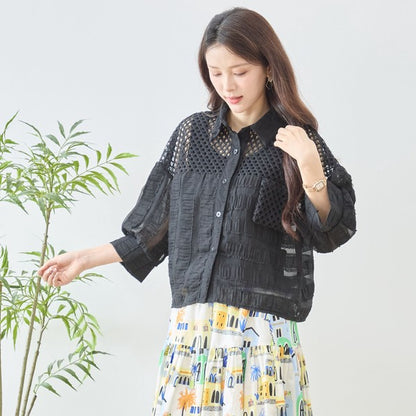 メッシュ レース 切替 シアー シャツ ブラウス 七分袖 異素材 ショート丈 M-L