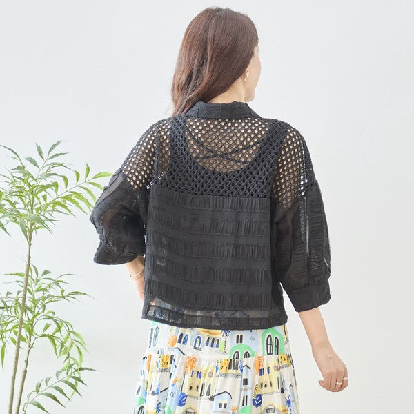 メッシュ レース 切替 シアー シャツ ブラウス 七分袖 異素材 ショート丈 M-L