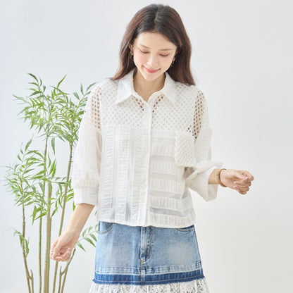 メッシュ レース 切替 シアー シャツ ブラウス 七分袖 異素材 ショート丈 M-L