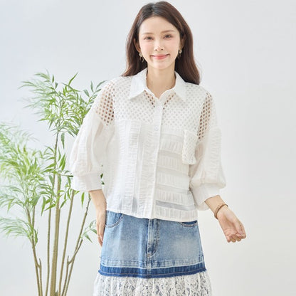 メッシュ レース 切替 シアー シャツ ブラウス 七分袖 異素材 ショート丈 M-L