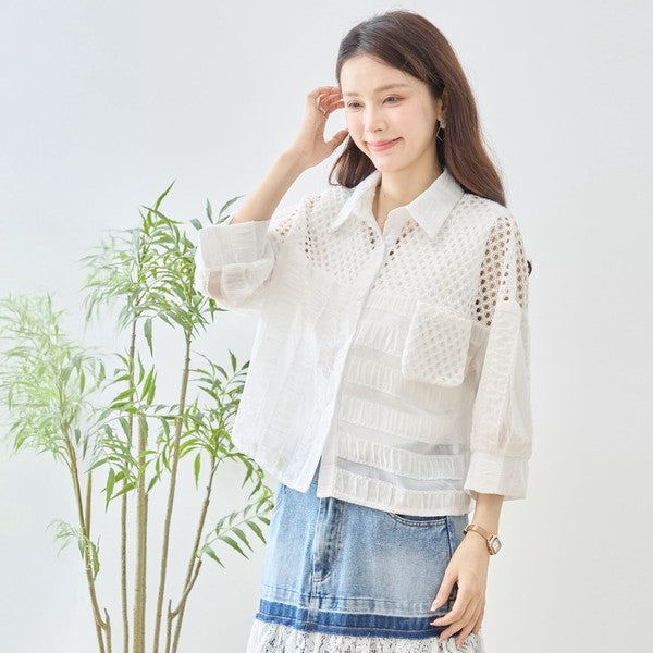 メッシュ レース 切替 シアー シャツ ブラウス 七分袖 異素材 ショート丈 M-L