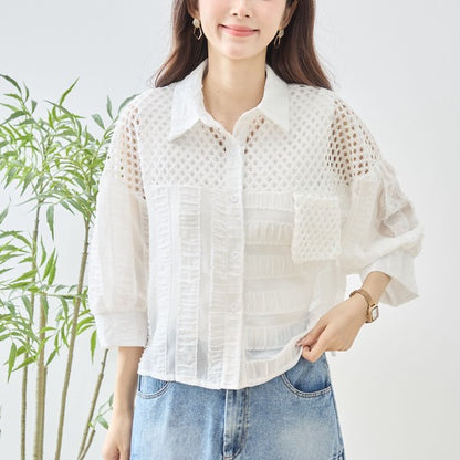 メッシュ レース 切替 シアー シャツ ブラウス 七分袖 異素材 ショート丈 M-L