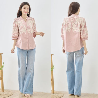 フローラル 刺繍 Vネック ブラウス 綿100% 七分袖 ゆったり 体型カバー M-L