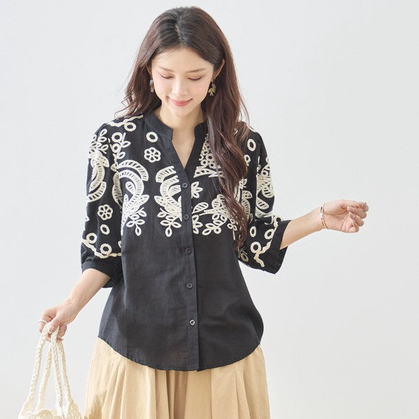 フローラル 刺繍 Vネック ブラウス 綿100% 七分袖 ゆったり 体型カバー M-L