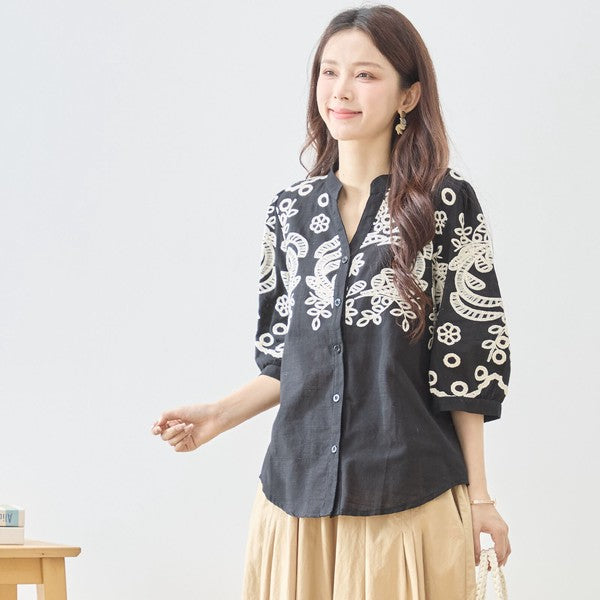 フローラル 刺繍 Vネック ブラウス 綿100% 七分袖 ゆったり 体型カバー M-L