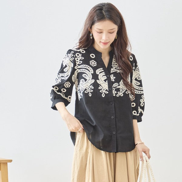 フローラル 刺繍 Vネック ブラウス 綿100% 七分袖 ゆったり 体型カバー M-L