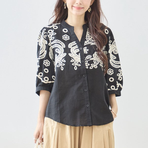 フローラル 刺繍 Vネック ブラウス 綿100% 七分袖 ゆったり 体型カバー M-L