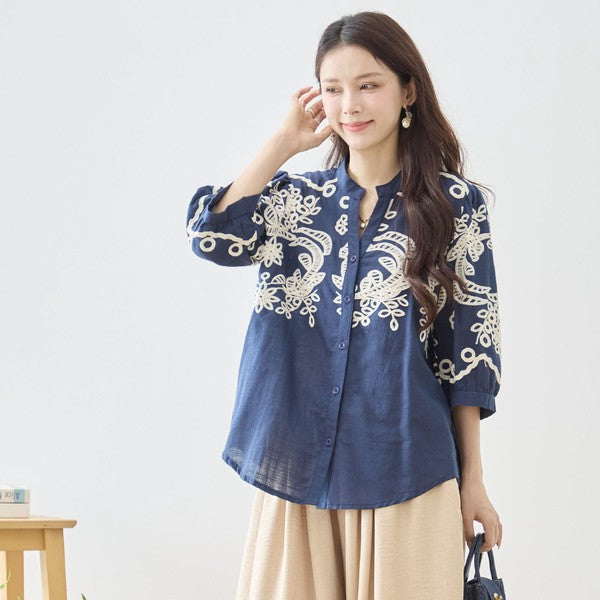フローラル 刺繍 Vネック ブラウス 綿100% 七分袖 ゆったり 体型カバー M-L