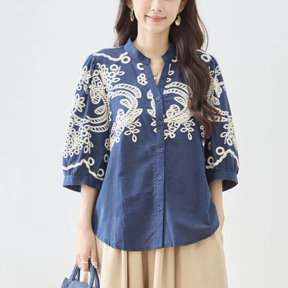 フローラル 刺繍 Vネック ブラウス 綿100% 七分袖 ゆったり 体型カバー M-L