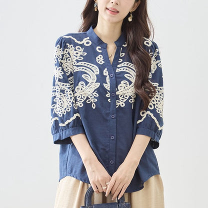 フローラル 刺繍 Vネック ブラウス 綿100% 七分袖 ゆったり 体型カバー M-L
