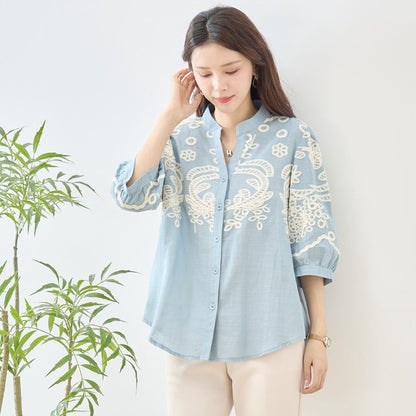 フローラル 刺繍 Vネック ブラウス 綿100% 七分袖 ゆったり 体型カバー M-L