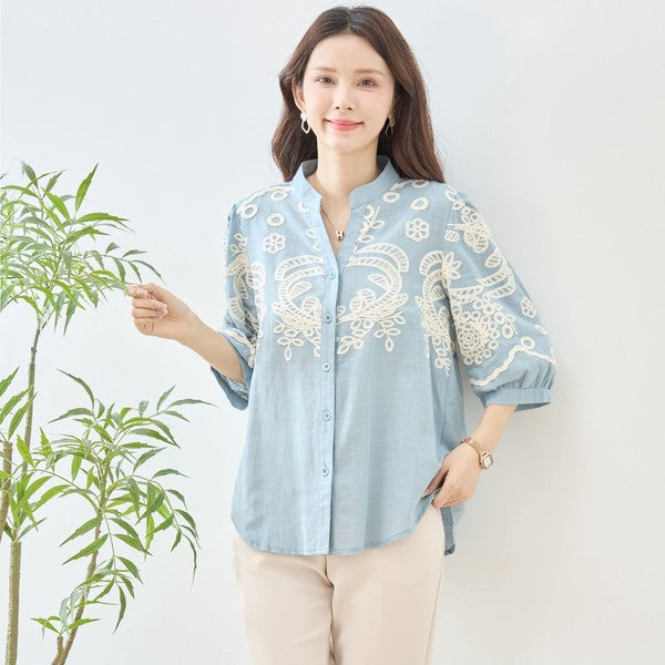 フローラル 刺繍 Vネック ブラウス 綿100% 七分袖 ゆったり 体型カバー M-L