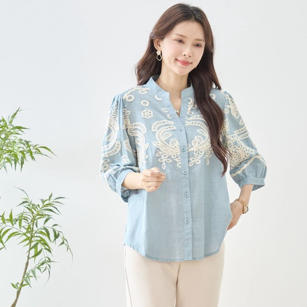 フローラル 刺繍 Vネック ブラウス 綿100% 七分袖 ゆったり 体型カバー M-L