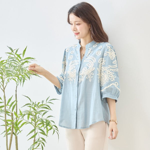 フローラル 刺繍 Vネック ブラウス 綿100% 七分袖 ゆったり 体型カバー M-L