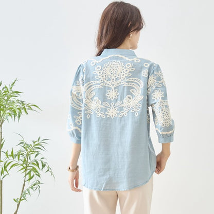 フローラル 刺繍 Vネック ブラウス 綿100% 七分袖 ゆったり 体型カバー M-L