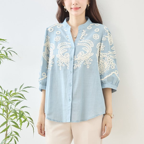 フローラル 刺繍 Vネック ブラウス 綿100% 七分袖 ゆったり 体型カバー M-L