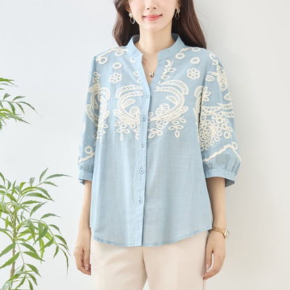 フローラル 刺繍 Vネック ブラウス 綿100% 七分袖 ゆったり 体型カバー M-L