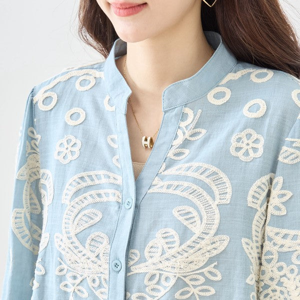 フローラル 刺繍 Vネック ブラウス 綿100% 七分袖 ゆったり 体型カバー M-L